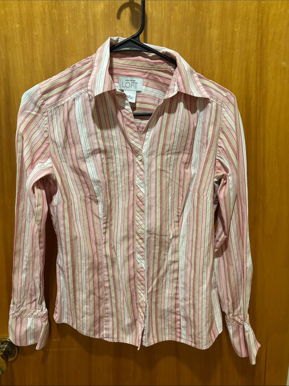 LOFT Pink and White Striped Button-Down Shirt